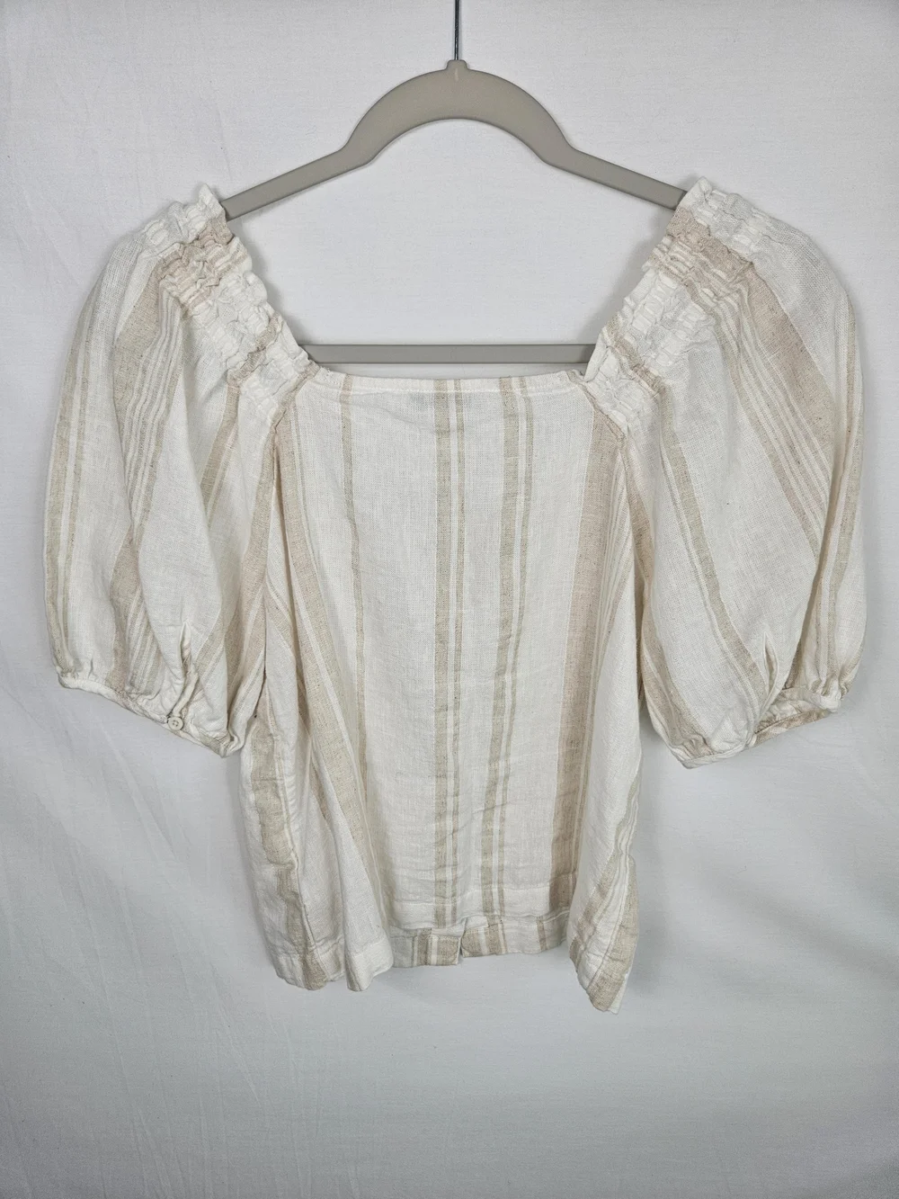Madewell Cream and Tan Striped Puff Sleeve Button-Front Top